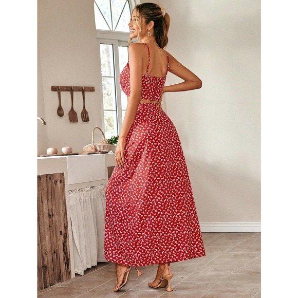 ❗️2 piece skirt set: boho Floral Print Cami Top & Split Thigh maxi Skirt - Picture 2 of 8